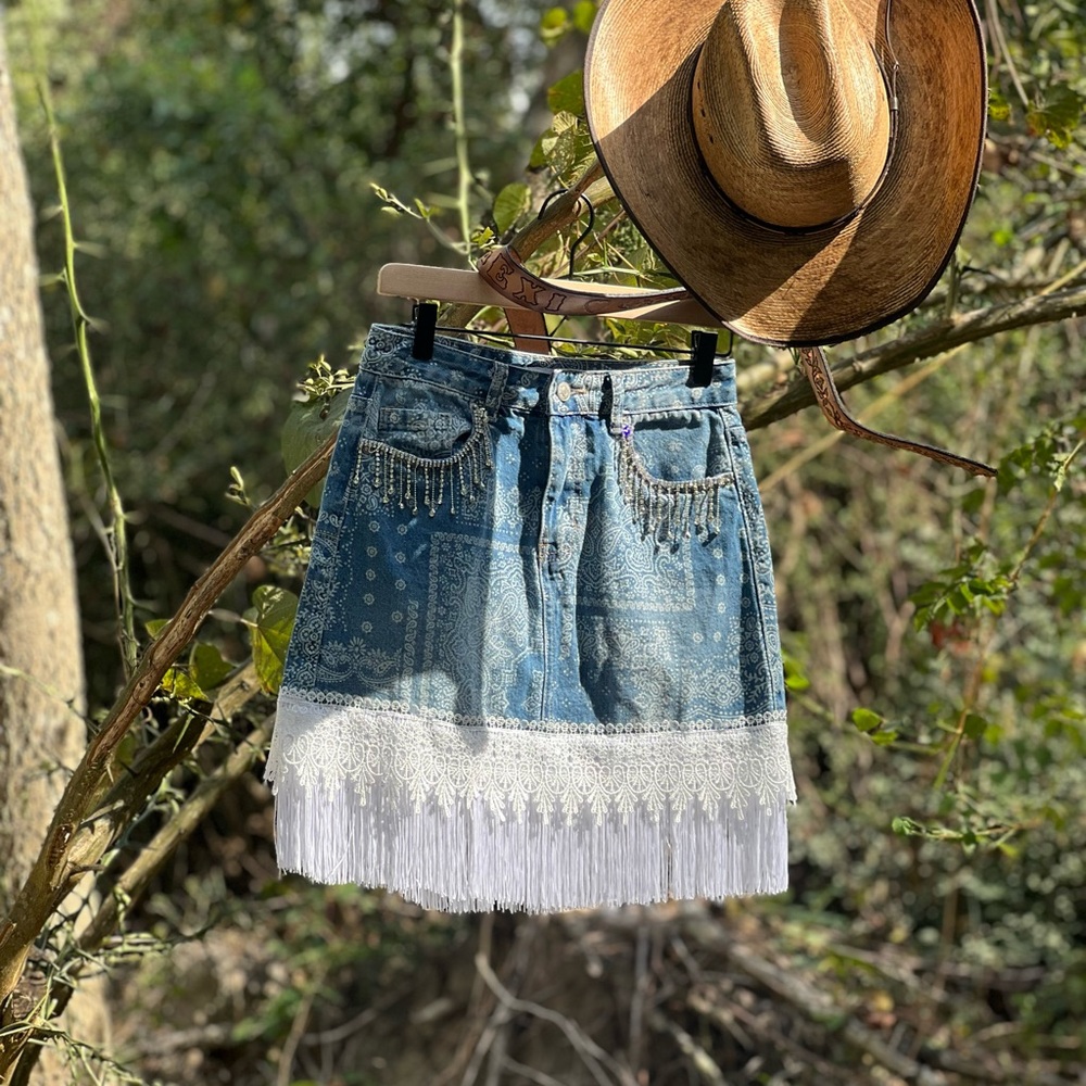 Forever 21 Blue Denim Skirt with White Fringe